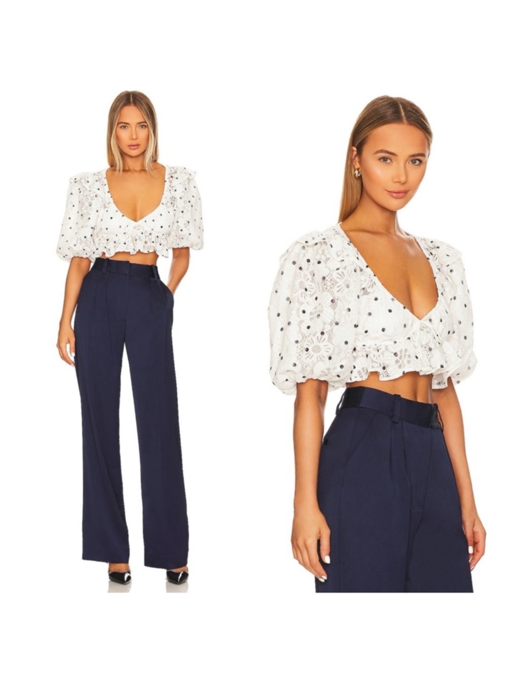 For Love & Lemons Cropped Eyelet Puff-Sleeve Top with polka dots
